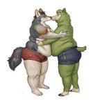 anthro barefoot belly belly_squish belly_to_belly biped boxer_briefs boxer_briefs_only clothed clothing duo eyes_closed fat_grab fat_rolls feet fur green_body green_fur grey_body grey_fur hug kiss_on_lips kissing male male/male overweight overweight_anthro overweight_male side_view simple_background squish standing topless torn_clothing torn_underwear underwear underwear_only white_background white_body white_fur cettus alpaca camelid canid canine canis coyote mammal 2020 hi_res