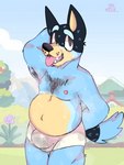 anthro armpit_hair bodily_fluids body_hair bulge detailed_bulge hair male musclegut muscular musk nipples pubes solo sweat thick_thighs skyl4378 bluey_(series) bandit_heeler australian_cattle_dog canid canine canis cattledog domestic_dog herding_dog mammal pastoral_dog 3:4