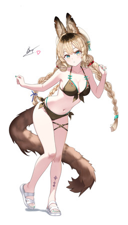 5_fingers bikini blonde_hair braided_hair breasts clothing female fingers footwear hair hat headgear headwear looking_at_viewer navel on_one_leg shoes simple_background solo standing swimwear tail two-piece_swimsuit white_background overlord_dog arknights hypergryph studio_montagne aphrissa_(arknights) animal_humanoid cat_humanoid felid felid_humanoid feline feline_humanoid humanoid mammal mammal_humanoid 2026 absurd_res digital_media_(artwork) hi_res