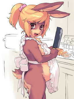 accessory adolescent after_sex anthro apron apron_only belly big_belly blonde_hair bodily_fluids bow_(feature) breasts brown_body brown_eyes brown_fur buckteeth butt carrot chest_tuft cleaver_(knife) clothing cooking cooking_pot countershade_butt countershade_face countershade_neck countershade_tail countershade_torso countershading cum cum_drip cutlery dripping female female_anthro floppy_ears food frilly frilly_clothing fur genital_fluids hair hair_accessory hairclip inner_ear_fluff inside kemono kitchen kitchen_knife kitchen_utensils knife loli long_ears looking_at_viewer melee_weapon mostly_nude multicolored_body open_mouth plant ponytail pregnant scrunchie side_view simple_background smile solo standing sweat tail tan_body tan_fur teeth tools tuft two_tone_body underage_pregnancy vegetable weapon white_background young young_anthro young_female kikurage lagomorph leporid mammal rabbit 2012 3:4