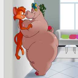 accessory against_chest against_surface against_wall anthro bow_ribbon duo evil_grin female furniture hair_accessory hair_bow hair_ribbon kabedon lifting male male/female nervous nervous_smile nipples nude nude_anthro overweight overweight_female partial_nudity ribbons size_difference smaller_male smile sofa table lonbluewolf cats_don't_dance warner_brothers danny_(cats_don't_dance) tillie_hippo common_hippopotamus domestic_cat felid feline felis hippopotamid mammal 1:1 hi_res