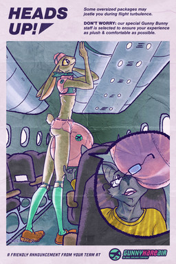 aircraft airplane big_bulge bottomwear bulge bulge_in_face clothing femboy flight_attendant genitals huge_bulge inside_airplane long_legs male shorts text vehicle heckfrog chinese_zodiac year_of_the_rabbit hare lagomorph leporid mammal rabbit 2:3 english_text hi_res