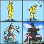 anthro balls big_penis bodily_fluids city claws clothed clothing cum cumshot ejaculation erection eyewear genital_fluids genitals glasses hair hazmat_suit huge_penis knot knotted_penis looking_at_viewer macro male nude penis simple_background smile solo species_transformation spikes tail teeth transformation transformation_sequence guispe_opockjha godzilla_(series) toho godzilla human mammal monster reptile scalie 1:1 2024 comic digital_drawing_(artwork) digital_media_(artwork) hi_res shaded signature