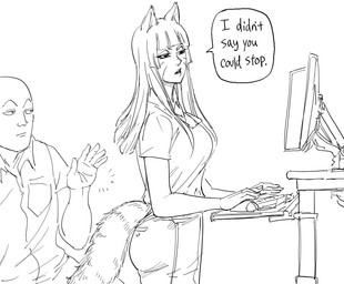 bald bangs bottomwear breasts butt clothing computer_mouse dialogue duo electronics emanata eyelashes female hair long_hair looking_at_another male monitor office open_mouth pants raised_arm shirt speech_bubble standing standing_desk text topwear baalbuddy animal_humanoid canid canid_humanoid canine canine_humanoid fox_humanoid human humanoid mammal mammal_humanoid 2021 digital_media_(artwork) english_text hi_res monochrome