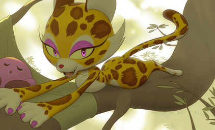 anthro countershading duo eyeliner eyes_closed female hammock looking_at_viewer lying makeup male on_back on_front open_mouth plant sleeping smile stretching teeth tongue tree inkune kirby_(series) nintendo clawroline kirby alien felid leopard mammal pantherine waddling_head absurd_res hi_res