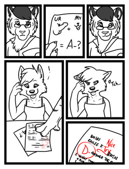 anthro balls border classroom disappointed duo erection eyewear female frown genitals glasses grin male penis school seductive simple_background smile smirk student teacher text white_background white_border young young_anthro x13 james_langkoch kailee_(x13) canid canine felid fox mammal pantherine tiger absurd_res comic hi_res