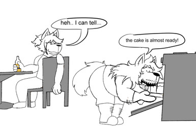 alcohol beer beverage big_butt body_hair butt cake dessert dialogue female food looking_at_butt male male/female overweight overweight_male text thatonegreywolf08 grey_f._ikari_(thatonegreywolf08) lilith_rogan_(thatonegreywolf) arctic_fox canid canine canis fox humanoid mammal true_fox wolf sketch