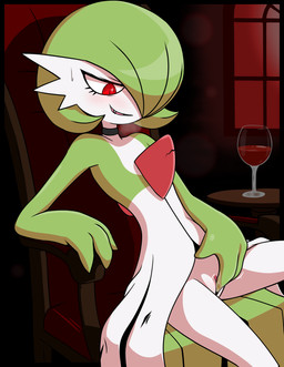 blush bodily_fluids clothing dress female genitals green_body green_hair hair humanoid_genitalia humanoid_vulva masturbation pseudo_clothing pseudo_hair red_eyes sitting smile smirk solo vulva white_body beautyfromabove nintendo pokemon gardevoir generation_3_pokemon humanoid pokemon_(species) vampire absurd_res hi_res