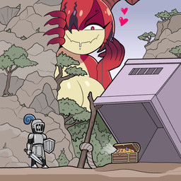 anthro armor bait big_breasts bodily_fluids breasts claws clothed clothed_human clothed_male clothing drooling duo female glistening glistening_breasts hair hair_over_eye headgear heart_symbol helmet hiding horn knight larger_anthro larger_female male melee_weapon nude nude_anthro nude_female outside plant red_eyes rock rope saliva shield size_difference smaller_human smaller_male smile stick sweat sweatdrop sword trap_(contrivance) treasure treasure_chest tree warrior weapon chunkymoon mythology dragon human mammal mythological_creature mythological_scalie scalie 1:1 2025 hi_res