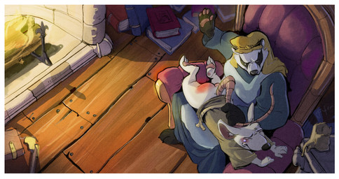 anthro armchair blush bottomless butt butt_slap chair clothed clothing corporal_punishment duo eyes_closed female fireplace furniture male male/female on_lap over_knee reddened_butt slap spanking stern_look fufer redwall constance_(redwall) badger european_badger mammal meles mouse murid murine mustelid musteline rodent hi_res
