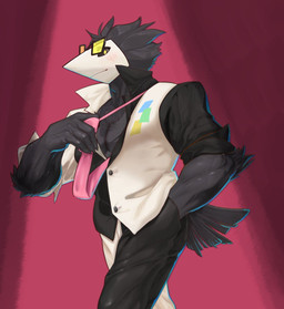 arm_tuft black_body black_bottomwear black_clothing black_feathers black_sclera black_tail black_topwear bottomwear clothed clothing clothing_pull elbow_tuft eyewear feather_tuft feathers glasses hand_in_pocket male muscular necktie necktie_pull pecs pockets simple_background solo tail tail_feathers topwear tuft vein veiny_muscles yellow_eyes pitania4 deltarune undertale_(series) swatch_(deltarune) avian darkner swatchling hi_res