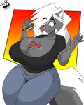 anthro breasts burger cleavage clothed clothing female food hair ketchup overweight solo chrisandcompany kelsey_sienna mammal mephitid skunk 4:5 absurd_res hi_res