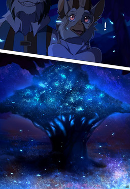 anthro beak clothed clothing duo exclamation_point female horn male night orange_eyes outside plant sky smile star starry_sky tree skaydie petra_(rogue-numbers) avian domestic_cat felid feline felis hybrid mammal 2017 comic digital_media_(artwork) hi_res source_request unavailable_at_source