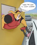 anthro bent_over blonde_hair blush buckteeth car caught_in_the_act clothed clothing detailed_background dialogue dialogue_box drive-thru driver embarrassed fast_food food fur giving_food group hair holding_object inside_car inside_vehicle long_ears male moobs obese obese_anthro obese_male open_mouth overweight overweight_anthro overweight_male profanity public public_nudity public_sex sex shocked tan_body tan_fur tan_skin teeth trio uniform vehicle whiskers working osos eli_(shabadablue) kidden_eksis badger bovid caprine goat lagomorph leporid mammal mustelid musteline rabbit 2022 colored detailed digital_media_(artwork) hi_res shaded