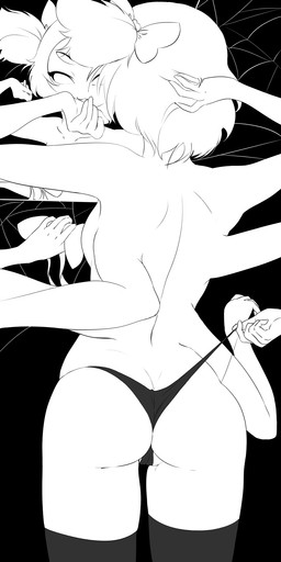 5_fingers 6_arms accessory anthro arthropod_webbing bow_(feature) bow_accessory bow_ribbon butt clothed clothing dressing female fingers hair hair_accessory hair_bow hair_ribbon legwear mirror multi_arm multi_eye multi_limb panties pigtails rear_view reflection ribbons short_hair smile solo spider_web standing thigh_highs topless twin_bows twin_hair_bows underwear haaru undertale undertale_(series) muffet arachnid arthropod spider 2019 digital_drawing_(artwork) digital_media_(artwork) hi_res monochrome