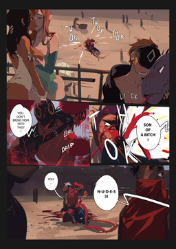 blood bodily_fluids breast_fondling breast_play breasts bulge city clothing drunk female female/female fight fondling group hand_in_panties hand_in_underwear hand_on_breast landscape male muscular muscular_male nipples panties profanity punch sky substance_intoxication text underwear ginkgosan dinosaur prehistoric_species reptile scalie absurd_res comic english_text hi_res brother_(lore) brothers_(lore) sibling_(lore)