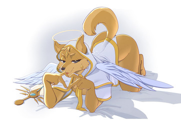 anthro clothing fur gesture hair heart_gesture looking_at_viewer male melee_weapon necktie simple_background solo spread_wings sword tail weapon wings yellow_body yellow_necktie zanzagen canid canine canis domestic_dog mammal