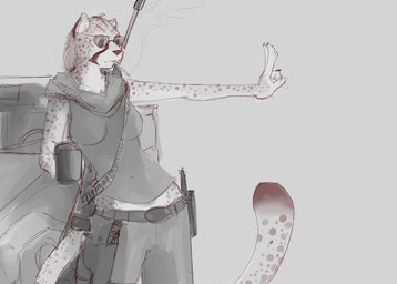 breasts car clothed clothing container cup eyewear female gun handgun pistol ranged_weapon rifle solo sunglasses vehicle weapon aleron cheetah felid feline mammal 2015 greyscale monochrome