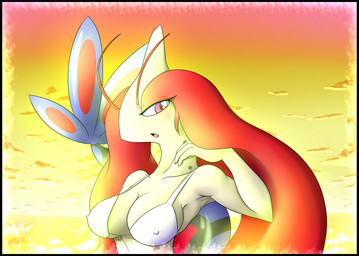 anthro anthrofied big_breasts blue_body blue_scales blush bra breasts clothing cloud erect_nipples female hair nipples outside pink_eyes pokemorph red_body red_hair red_scales scales seductive sky solo sunset swimwear underwear white_body white_skin latiar nintendo pokemon generation_3_pokemon milotic pokemon_(species) 2013