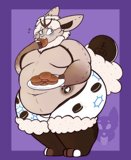 anthro belly big_belly big_moobs biped black_emanata blue_blush blush bodily_fluids border bottomwear clothing cookie dewlap_(anatomy) eating eating_food fluffy fluffy_tail flying_sweatdrops food footprint fur_trim_(clothing) gloves_(marking) hair holding_object holding_plate looking_aside male male_anthro mane markings moobs navel obese obese_anthro obese_male overweight overweight_anthro overweight_male pancake pawprint pawprint_(marking) plate plushie purple_background purple_border shorts simple_background solo sweat sweatdrop tail thick_thighs white_bottomwear white_clothing white_hair white_mane white_shorts wide_eyed strawberrymilkdog nintendo oreo_cookie pokemon rori_paws animate_inanimate cinderace generation_8_pokemon lagomorph living_plushie mammal pokemon_(species) 2023 hi_res
