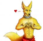 anthro black_nose clothed clothing collar fur heart_symbol looking_at_viewer male metal_collar muscular muscular_anthro muscular_male smile solo topless sellon red_lantern amon_(rukis) canid canine canis jackal mammal 2017