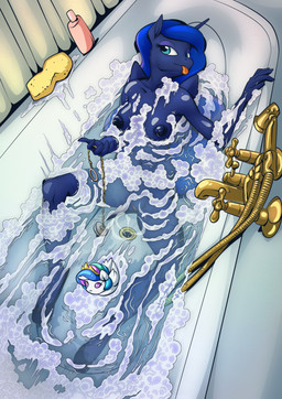 5_fingers anthro anthrofied bathroom bathtub blue_body blue_hair blue_nipples breasts bubble bubble_bath drain_plug eyelashes female fingers genitals hair horn humanoid_hands lying nipples nude plug rubber_duck smile soap solo sponge tongue tongue_out vulva water wet wings mysticalpha friendship_is_magic hasbro my_little_pony mythology princess_celestia_(mlp) princess_luna_(mlp) equid equine mammal mythological_creature mythological_equine winged_unicorn 2022 absurd_res digital_media_(artwork) hi_res