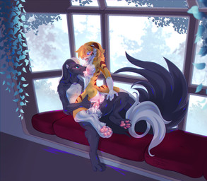 ambiguous_penetration anthro balls black_body black_fur blush bodily_fluids breasts butt chest_lick duo erection eyewear fur genital_fluids genitals glasses hair licking long_hair male mane nipples nude open_mouth penetration penis sex stripes tail tongue tongue_out white_body white_fur yellow_body yellow_fur tassy_(artist) alpha_(alphacrow) tass_(tassy) felid hybrid liger lion mammal mephitid pantherine skunk tiger absurd_res digital_media_(artwork) hi_res nonbinary_(lore)