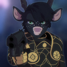 aiming aiming_at_viewer aiming_gun aiming_weapon anthro antlers armor armor_plates big_ears black_body black_fur black_hair ears_up eyebrows eyelashes female fur green_eyes gun hair holding_gun holding_object holding_ranged_weapon holding_weapon horn looking_at_viewer ranged_weapon solo weapon unknown_artist eye_divine_cybermancy aima_tahtivyo_(lynxzy) deer mammal new_world_deer reindeer 1:1 hi_res