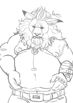 anthro belly belt big_belly bottomwear clothing male mane moobs musclegut muscular muscular_arms nipples overweight overweight_male pants solo raivenderouthelion bandai_namco digimon digimon_(species) leomon hi_res monochrome