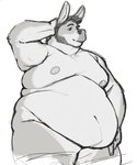 anthro belly black_hair fur grey_body grey_fur hair hand_behind_head love_handles male moobs navel nipples nude obese overweight overweight_anthro overweight_male simple_background smile solo thick_thighs white_background yasano asinus donkey equid equine mammal hi_res