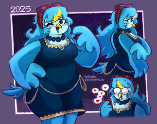 anthro beak big_breasts blue_body blue_bottomwear blue_clothing blue_eyes blue_feathers blue_fur blue_hair blue_topwear blush blush_lines border bottomwear breasts chain cheek_tuft chest_tuft cleavage clothed clothing cloud covered_breasts curvy_figure dark_clothing detailed_background dress electronics eyebrow_through_hair eyebrows eyelashes eyewear facial_tuft feather_hair feather_hands feathered_wings feathers female fingers footwear fur gesture goggles hair hand_gesture hand_on_hip hand_on_leg happy heart_symbol jewelry long_hair multicolored_hair neck_tuft necklace non-mammal_breasts open_mouth outside overweight overweight_anthro overweight_female pants phone pseudo_hair raised_eyebrows side_view simple_background smile solo standing star surprised tail tail_feathers thick_thighs tongue topwear translucent translucent_hair tuft white_border wide_hips winged_arms wings yellow_beak stephsartlab undertale undertale_(series) undertale_yellow martlet_(undertale_yellow) avian bird monster 2025 digital_media_(artwork)