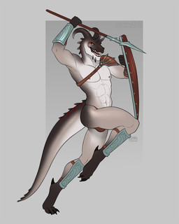 4_toes 5_fingers abs anthro armor armwear barefoot biceps biped bulge claws clothed clothing digitigrade feet fingers holding_object holding_weapon horn jumping legwear male manly melee_weapon mostly_nude muscular muscular_anthro muscular_male nipples open_mouth pecs polearm shield simple_background solo spear spines tail teeth toes underwear weapon yellow_sclera skiba613 mythology dragon mythological_creature mythological_scalie scalie wingless_dragon 2021 4:5 digital_media_(artwork) hi_res