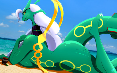 anthro beach biped breasts butt detailed_background female glistening glistening_body green_body hair long_hair looking_at_viewer lying markings mouth_closed nude on_front outside shadow solo tail thick_thighs yellow_markings blueondrive nintendo pokemon generation_6_pokemon legendary_pokemon mega_evolution mega_rayquaza pokemon_(species) hi_res