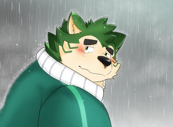 anthro blush bodily_fluids crying eyebrows fur green_body green_fur male raining solo tears thick_eyebrows jinastray lifewonders live_a_hero mokdai canid canine canis domestic_dog mammal hi_res