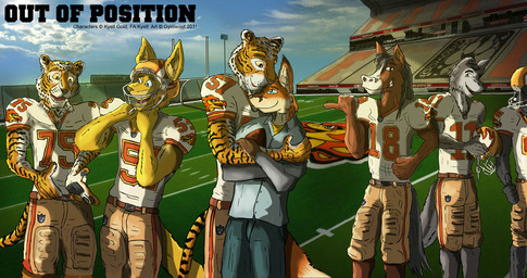 american_football anthro black_pawpads black_text blue_clothing blue_shirt blue_sky blue_topwear bottomwear brown_body brown_fur clothed clothing cloud collared_shirt detailed_background football_helmet football_jersey football_player football_uniform fully_clothed fur grey_body grey_fur group hug hugging_another jersey male male/male orange_body orange_fur pants pawpads shirt sky smile snout sport stadium striped_body striped_fur stripes text topwear white_body white_fur yellow_body yellow_fur gyrowoof chevali_firebirds forester_universe out_of_position aston_york charm_(out_of_position) devlin_miski fisher_kingston gerrard_marvell wiley_farrel canid canine canis coyote equid equine felid fox horse mammal pantherine red_fox tiger true_fox wolf 2011 copyright_name digital_drawing_(artwork) digital_media_(artwork) shaded
