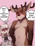 2019 adaline_(sharemyshipment) anthro antlers blonde_hair blush cervine clothed clothed/nude clothed_female_nude_male clothing comic confusion deer digital_media_(artwork) duo english_text entaros_(character) eyes_closed fallow_deer female foxinshadow green_eyes hair hi_res horn male mammal new_world_deer nude shaded simple_background speech_bubble text white-tailed_deer