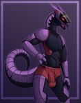 3_fingers anthro bulge clothed clothing detailed_bulge fingers hand_on_hip machine male simple_background solo standing tail underwear underwear_only bastiel robot robot_anthro synth_(vader-san) 2023 hi_res