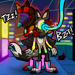 after_transformation anthro behind_another city city_background duo electricity hand_on_face male mind_control tail tail_mouth text unusual_anatomy unusual_tail wings wire metal_fox117 deltarune undertale_(series) ash_(metal_fox) kiba_(crescentwolf) bat canid canine fox hybrid mammal werewerewire werewire 1:1 hi_res