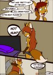 anthro canid canine clothed clothing comic duo english_text female fox furgonomics hi_res kamperkiller_(artist) male male/female mammal panties sibling_(lore) text topless twins_(lore) underwear