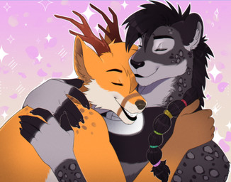 anthro antlers black_body braided_hair brown_body cuddling duo eyes_closed femboy fur hair horn hug leopard_spots male male/male markings romantic romantic_couple simple_background smile spots spotted_body spotted_fur tattoo vampzinc_(artist) haiy iagu_viron canid canine canis deer felid feline felis fox hybrid jaguar mammal pantherine wolf digital_media_(artwork) hi_res