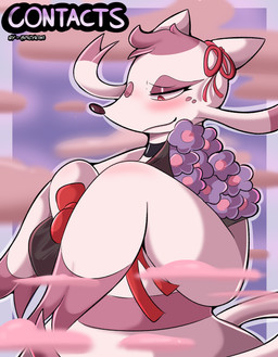 ambiguous_gender anthro biped blush choker closed_smile eyebrows flower fur jewelry looking_down mouth_closed multicolored_body necklace plant pupils purple_body purple_fur red_eyes red_nose smile solo standing tail text white_body white_fur spicykiwi nintendo pokemon generation_5_pokemon mienshao pokemon_(species) absurd_res cover cover_art cover_page hi_res