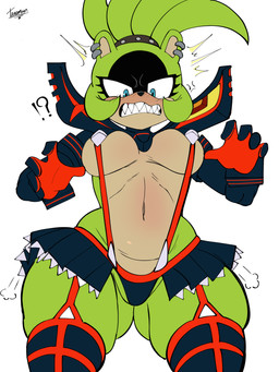 angry annoyed anthro big_breasts big_butt breasts butt cosplay female low-angle_view narrowed_eyes simple_background solo teeth thick_thighs white_background wide_hips tawman_art idw_publishing kill_la_kill sega sonic_the_hedgehog_(comics) sonic_the_hedgehog_(idw) sonic_the_hedgehog_(series) studio_trigger ryuko_matoi senketsu surge_the_tenrec afrosoricid mammal tenrec 3:4 absurd_res hi_res