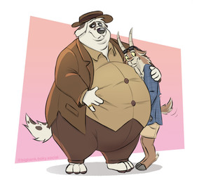 anthro arm_around_shoulders belly big_belly biped bottom_heavy brown_body brown_fur clothed clothing double_chin duo eyewear eyewear_on_head fur hand_on_belly hand_on_shoulder hooves horn leaning_on_another looking_aside male male/male mottled mottled_body mottled_fur obese obese_anthro obese_male overweight overweight_anthro overweight_male piebald piebald_body piebald_fur pork_pie_hat ring size_difference standing sunglasses sunglasses_on_head tail tail_motion tailwag tan_body tan_fur text wearing_sunglasses white_body white_fur bigwankhank bovid canid canine canis caprine domestic_dog goat mammal artist_name hi_res