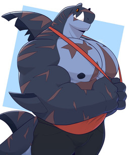 anthro biceps black_bottomwear black_clothing black_nipples black_sclera bottomwear clothing clothing_pull dorsal_fin elbow_fin fangs fin gills grey_body looking_at_viewer male musclegut muscular muscular_anthro muscular_arms muscular_male nipples non-mammal_nipples notched_fin orange_eyes pecs red_clothing red_shirt red_topwear scar scars_all_over shirt shirt_pull simple_background smile solo tail tank_top teeth topwear topwear_pull undersized_clothing undersized_topwear same22shark nelson_(same22shark) aquatic fish shark 2023 digital_media_(artwork) hi_res portrait three-quarter_portrait