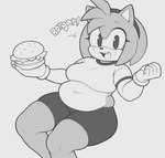 anthro belly breasts burger dialogue female food navel slightly_chubby solo thick_thighs champchidi sega sonic_the_hedgehog_(series) amy_rose eulipotyphlan hedgehog mammal 2024 hi_res