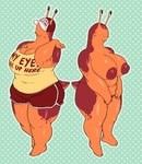 anthro areola big_breasts biped breasts clothed clothing eyestalks female headgear headwear nipples non-mammal_breasts solo tail text text_on_clothing text_on_headwear text_on_topwear topwear perunagekko gastropod mollusk slug absurd_res hi_res