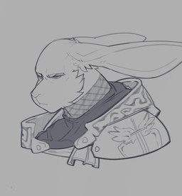 anthro armor clothed clothing long_ears male melee_weapon pivoted_ears simple_background solo sword weapon wings casloafy andrew_(casloafy) lagomorph leporid mammal rabbit bust_portrait hi_res monochrome portrait
