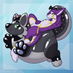 ambiguous_gender amputee anthro biped border disability duo eyes_closed fur green_eyes grey_body mane missing_arm purple_body tail symrea animate_inanimate canid canine canis mammal sergal wolf 1:1 digital_drawing_(artwork) digital_media_(artwork) hi_res