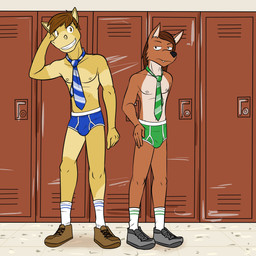 anthro blue_briefs blue_clothing blue_necktie blue_underwear briefs brown_body brown_clothing brown_eyes brown_footwear brown_fur brown_hair brown_shoes bulge clothed clothing colored_seam_underwear duo embarrassed footwear fur green_briefs green_clothing green_necktie green_underwear grey_clothing grey_footwear grey_shoes hair inside legwear locker male matching_outfits navel necktie nipples open_mouth pantsless pantsless_male pattern_necktie sharp_teeth shoelaces shoes smile socks striped_necktie tan_body tan_fur teeth teeth_showing topless underwear white_clothing white_footwear white_seam_briefs white_seam_underwear white_socks fuze alejandro_(fuze) tim_(fuze) canid canine equid equine horse mammal 1:1 hi_res
