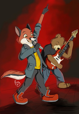 anthro barefoot black_bottomwear black_clothing black_nose black_pants black_shirt black_t-shirt black_topwear blue_bottomwear blue_clothing blue_pants bottomwear brown_body brown_fur cheek_tuft clothed clothing duo electric_guitar electronics eyes_closed facial_tuft feet footwear fur gloves_(marking) grey_clothing grey_hoodie grey_topwear guitar holding_guitar holding_microphone holding_musical_instrument holding_object hoodie logo male male_anthro markings microphone mouth_closed musical_instrument open_mouth open_smile pants playing_guitar playing_music plucked_string_instrument red_clothing red_footwear red_shoes red_smoke rocking_out shirt shoes singing smile smoke standing string_instrument t-shirt topwear tuft white_body white_fur yellow_clothing yellow_shirt yellow_topwear young young_anthro young_male pandapaco bear canid canine fox mammal artist_logo signature